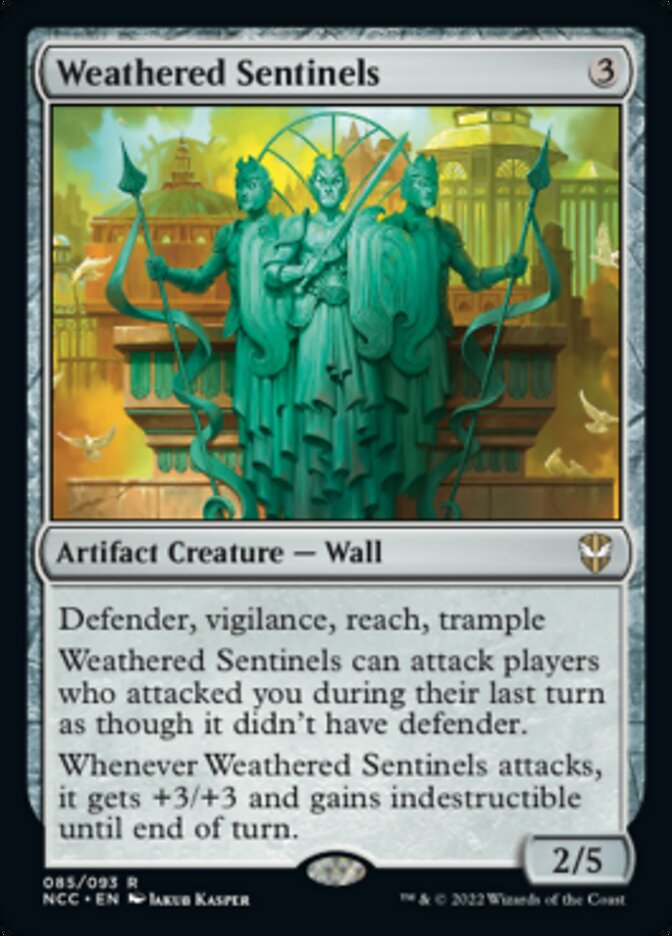Weathered Sentinels
 Defender, vigilance, reach, trample
Weathered Sentinels can attack players who attacked you during their last turn as though it didn't have defender.
Whenever Weathered Sentinels attacks, it gets +3/+3 and gains indestructible until end of turn.